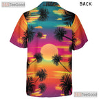 Tropical Neon Sunset Palm Tree Beach Aloha Hawaiian Tee Unisex Summer Outfit