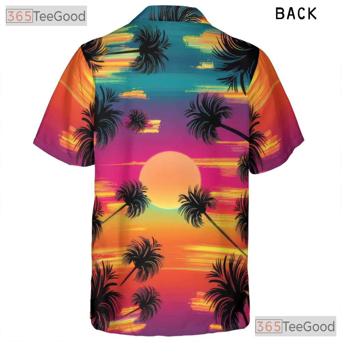 Tropical Neon Sunset Palm Tree Beach Aloha Hawaiian Tee Unisex Summer Outfit