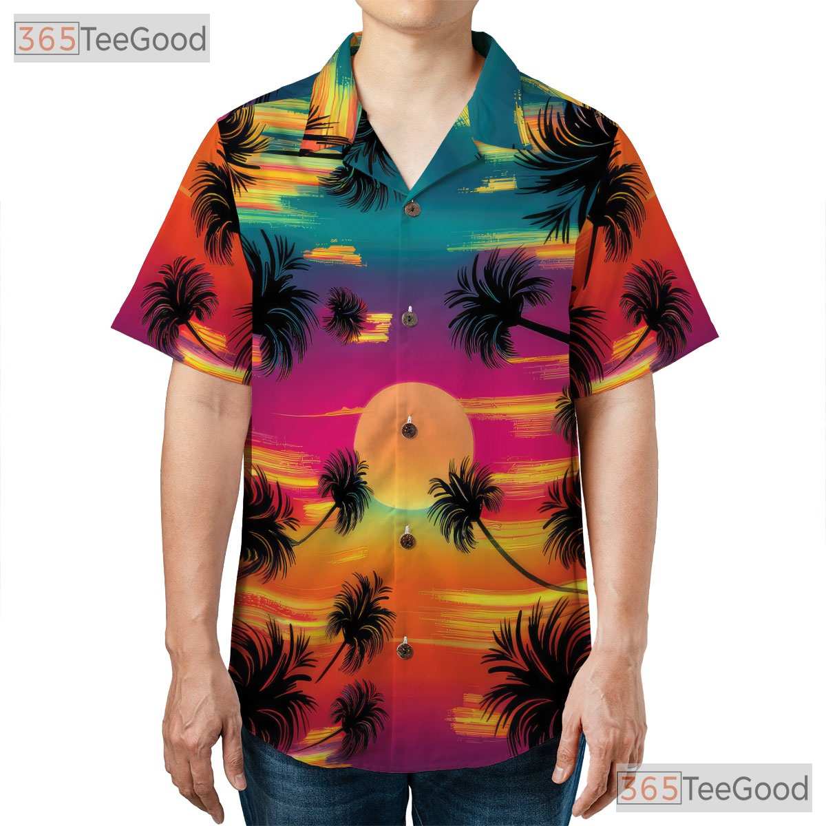 Tropical Neon Sunset Palm Tree Beach Aloha Hawaiian Tee Unisex Summer Outfit