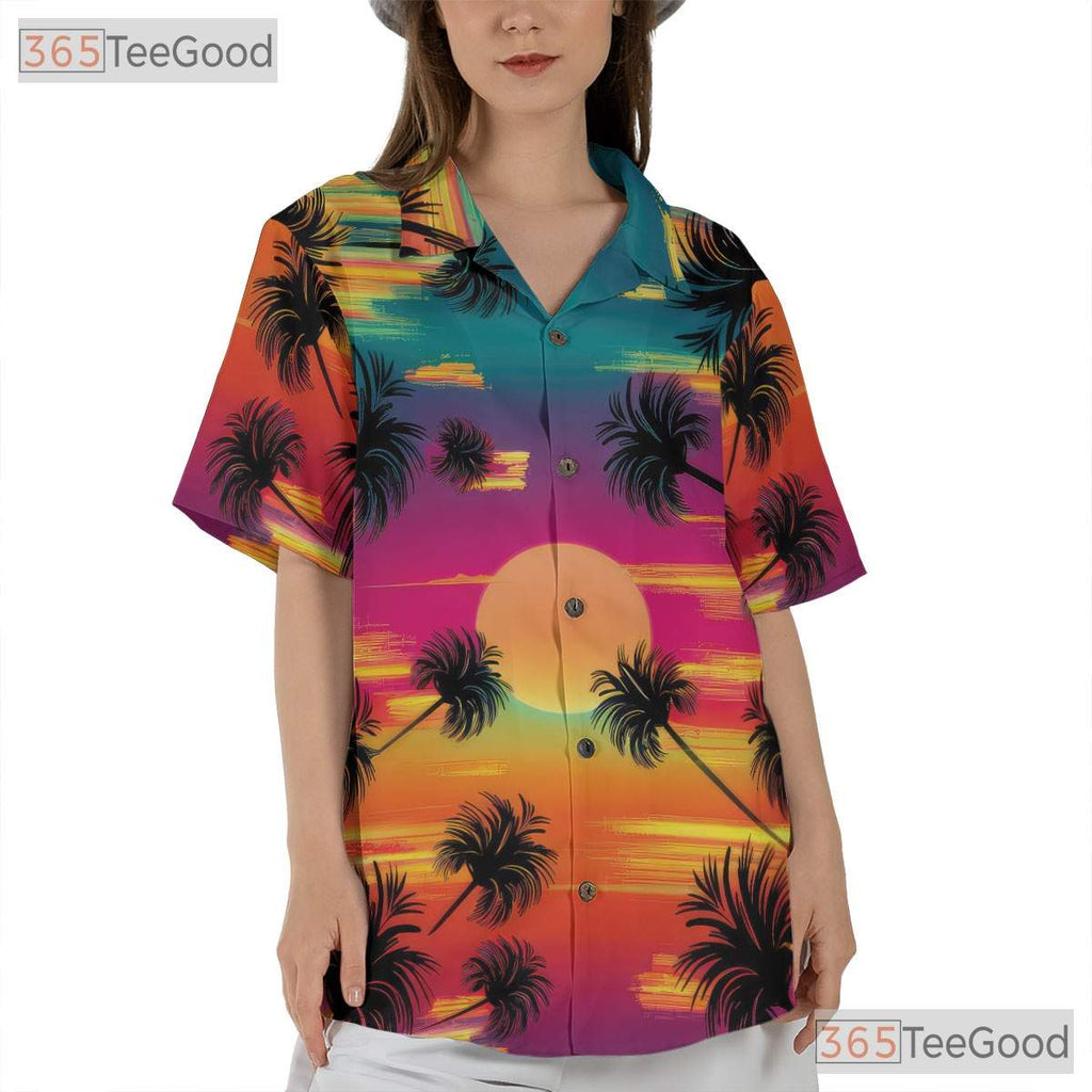 Tropical Neon Sunset Palm Tree Beach Aloha Hawaiian Tee Unisex Summer Outfit