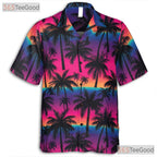 Tropical Neon Sunset Palm Tree Hawaiian Tee Unisex Summer Beachwear Outfit Top
