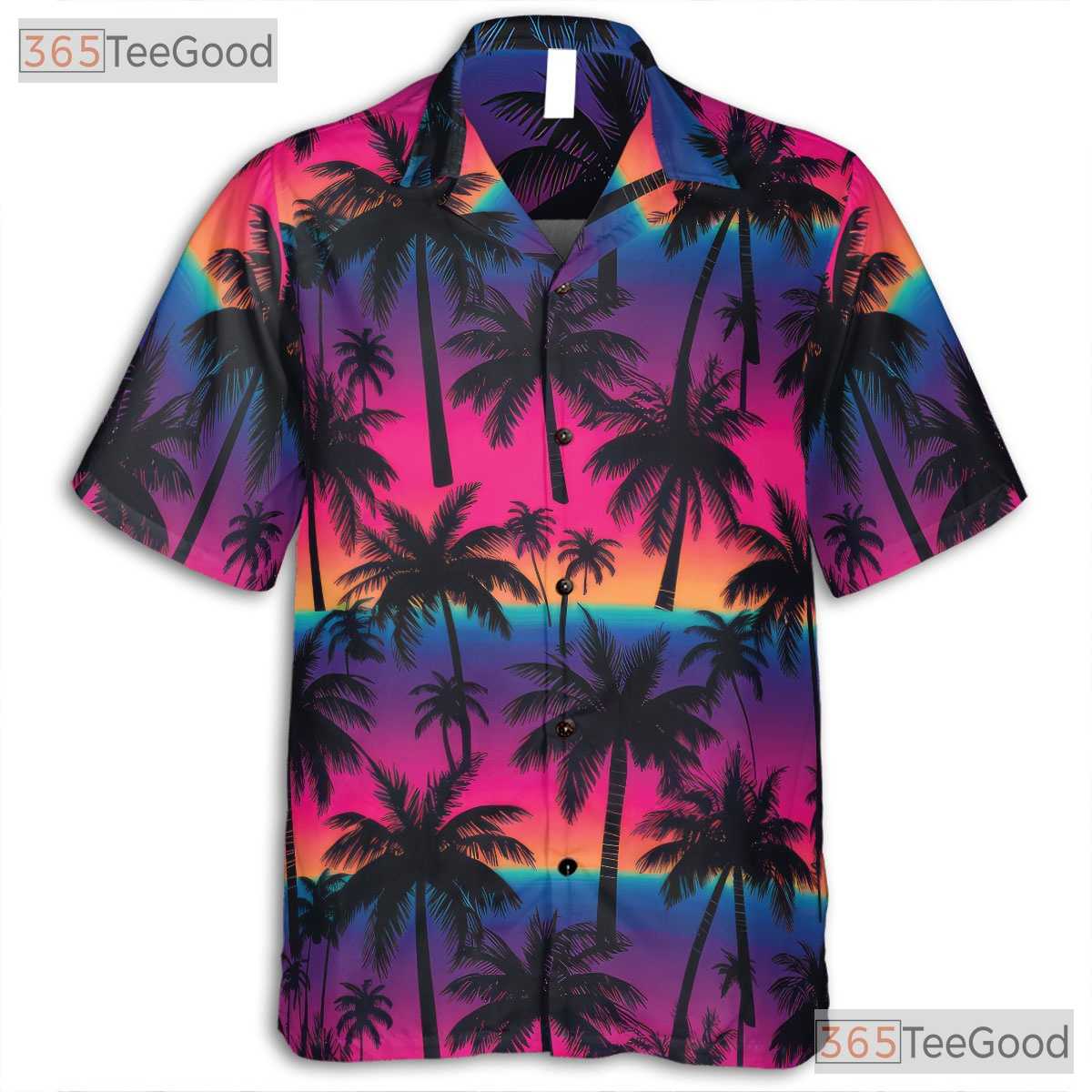 Tropical Neon Sunset Palm Tree Hawaiian Tee Unisex Summer Beachwear Outfit Top