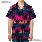 Tropical Neon Sunset Palm Tree Hawaiian Tee Unisex Summer Beachwear Outfit Top
