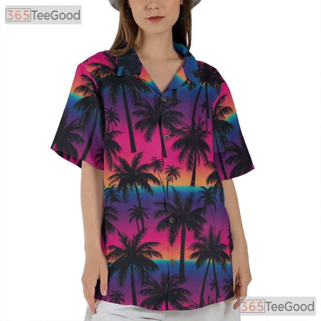 Tropical Neon Sunset Palm Tree Hawaiian Tee Unisex Summer Beachwear Outfit Top