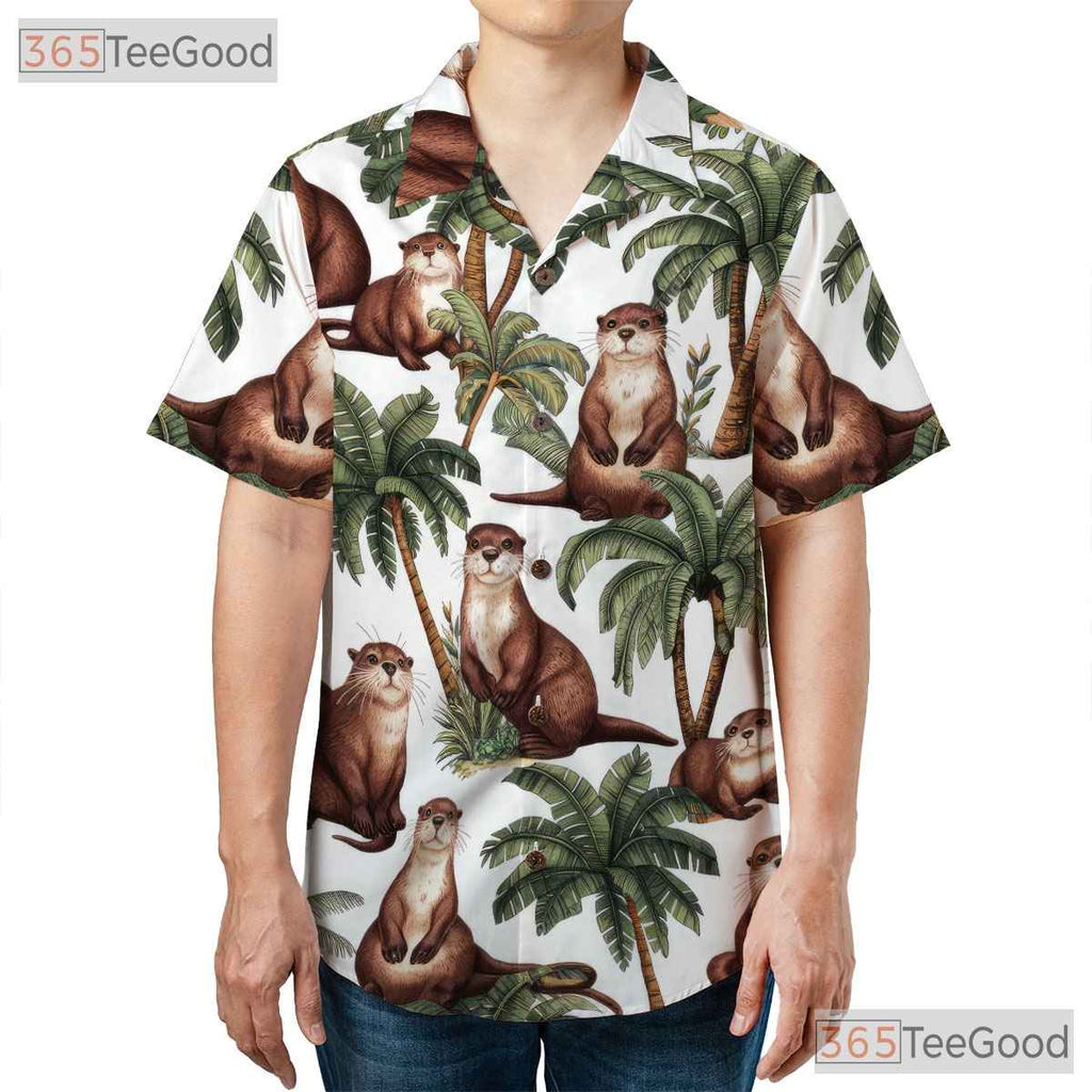 Tropical Otter Palm Print Hawaiian Shirt Unisex Summer Beachwear Aloha Tee