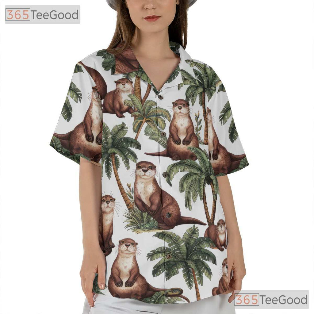 Tropical Otter Palm Print Hawaiian Shirt Unisex Summer Beachwear Aloha Tee