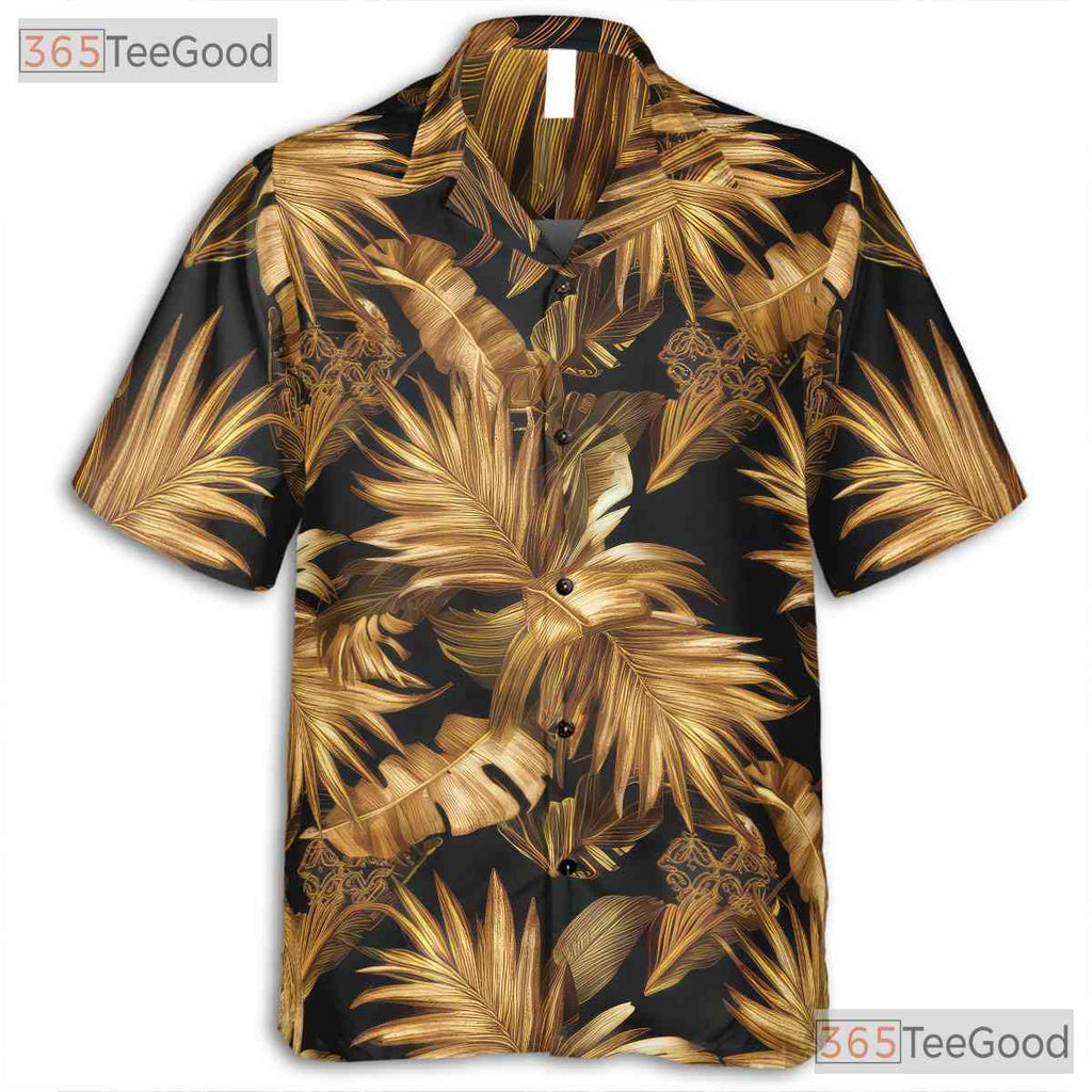 Tropical Palm Leaf Black Gold Aloha Beach Vacation Hawaiian Tee Unisex Top