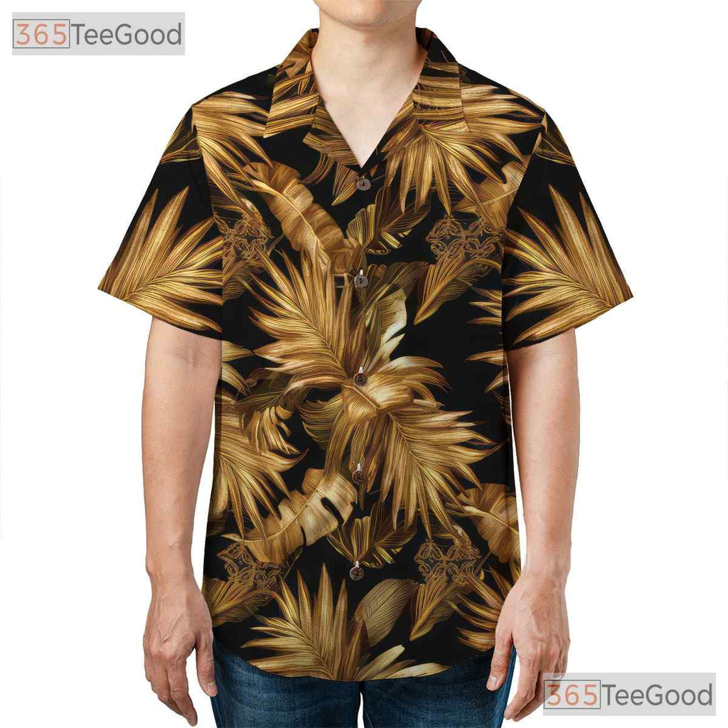 Tropical Palm Leaf Black Gold Aloha Beach Vacation Hawaiian Tee Unisex Top