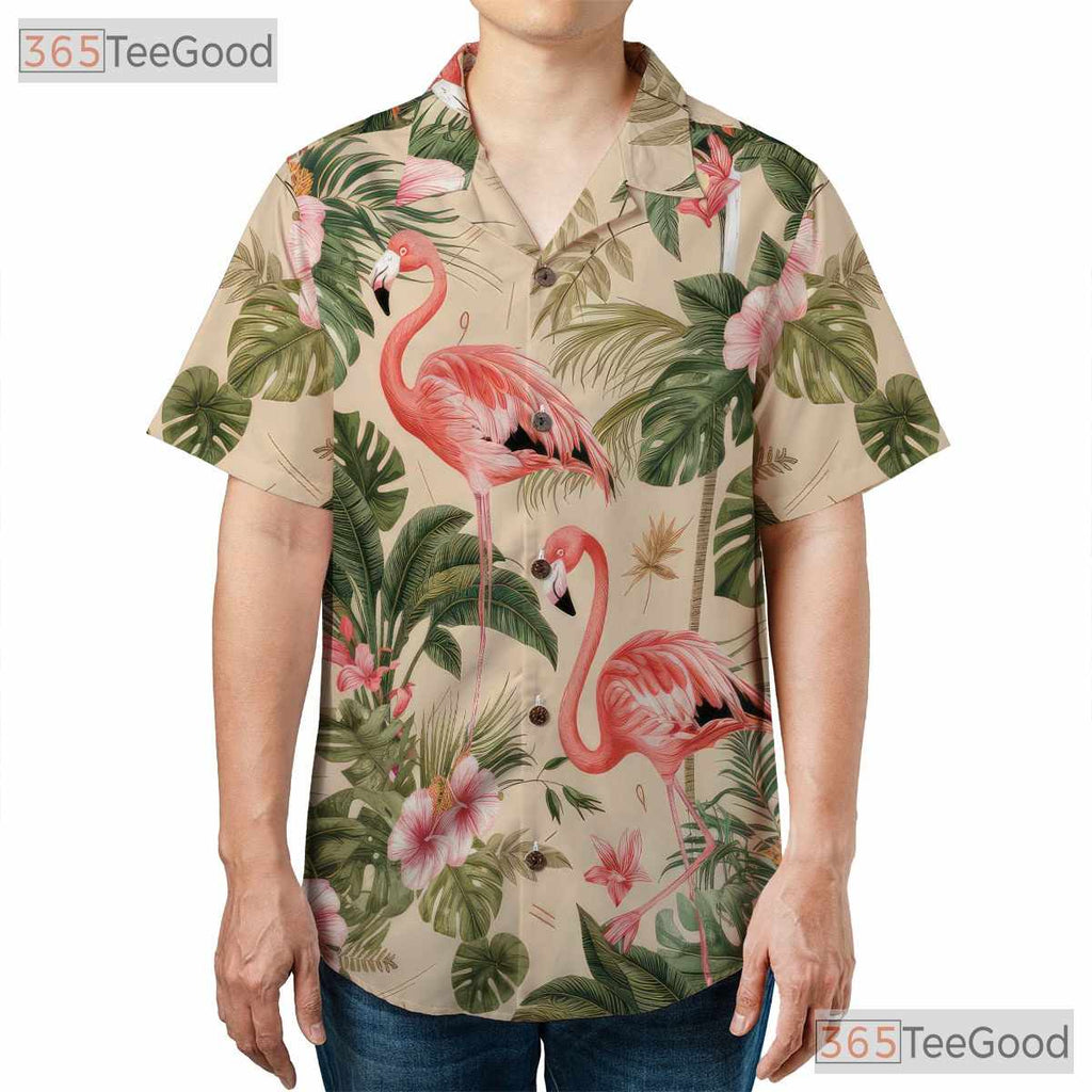Tropical Palm Leaf Design Flamingo Print Hawaiian Shirt Men Women Aloha Top