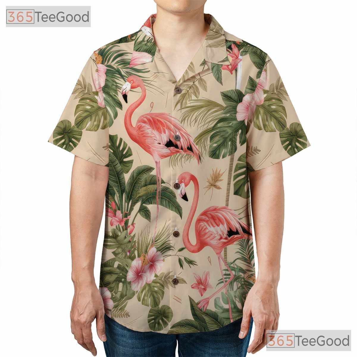 Tropical Palm Leaf Design Flamingo Print Hawaiian Shirt Men Women Aloha Top