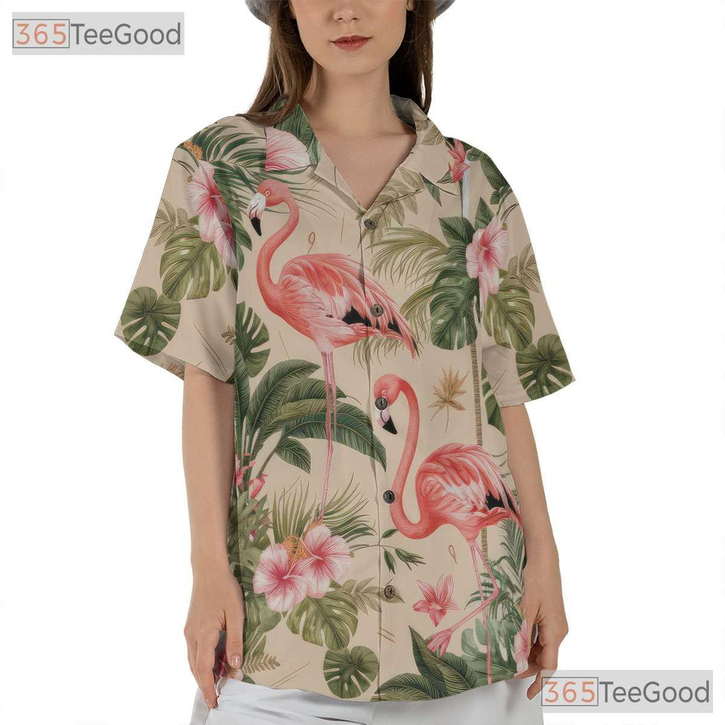 Tropical Palm Leaf Design Flamingo Print Hawaiian Shirt Men Women Aloha Top