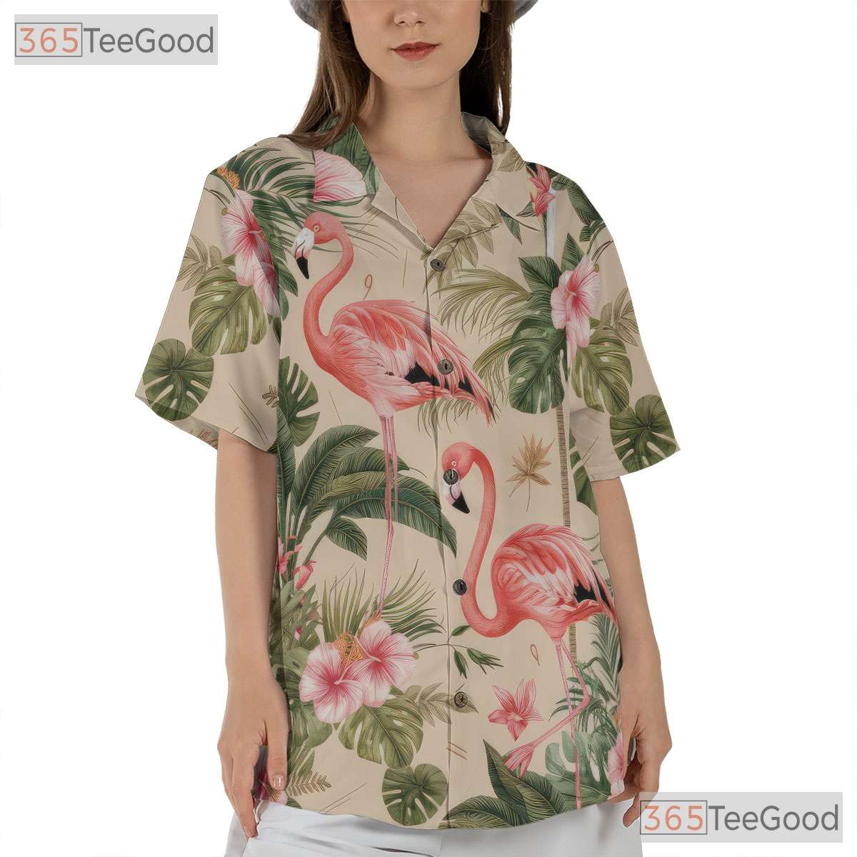 Tropical Palm Leaf Design Flamingo Print Hawaiian Shirt Men Women Aloha Top