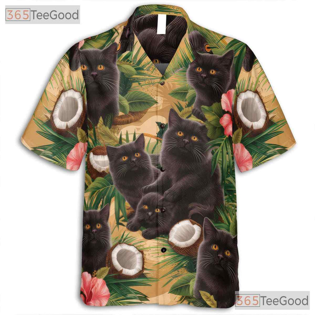 Tropical Palm Leaves Hibiscus Coconut Beach Aloha Black Cat Hawaiian Shirt