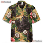 Tropical Palm Leaves Hibiscus Coconut Beach Aloha Black Cat Hawaiian Shirt