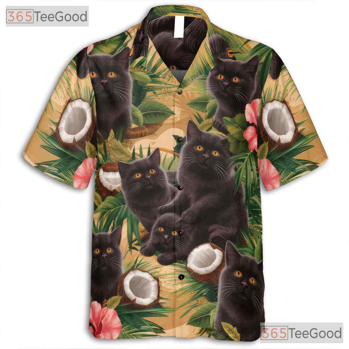 Tropical Palm Leaves Hibiscus Coconut Beach Aloha Black Cat Hawaiian Shirt