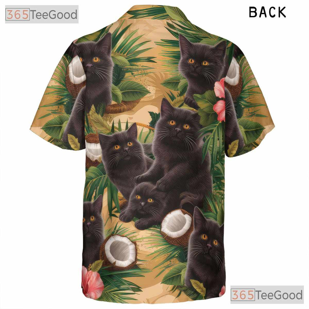 Tropical Palm Leaves Hibiscus Coconut Beach Aloha Black Cat Hawaiian Shirt