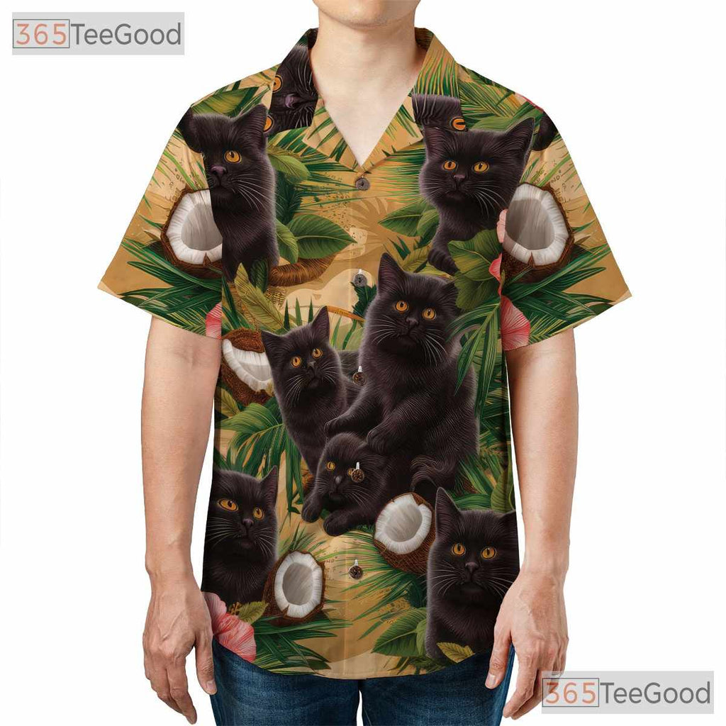 Tropical Palm Leaves Hibiscus Coconut Beach Aloha Black Cat Hawaiian Shirt