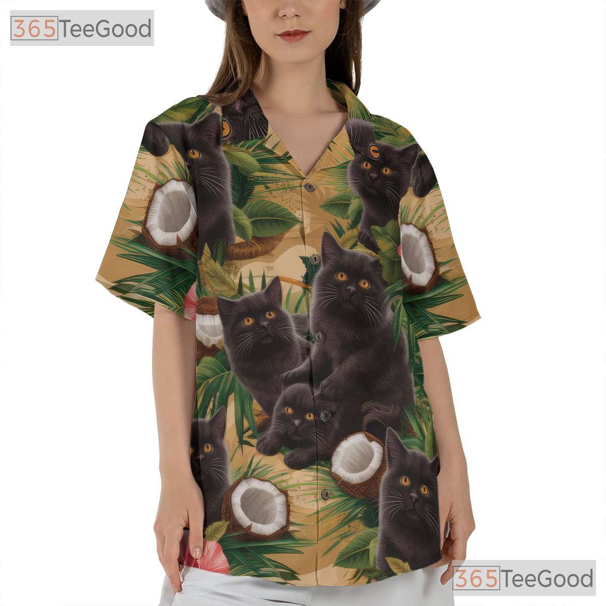 Tropical Palm Leaves Hibiscus Coconut Beach Aloha Black Cat Hawaiian Shirt