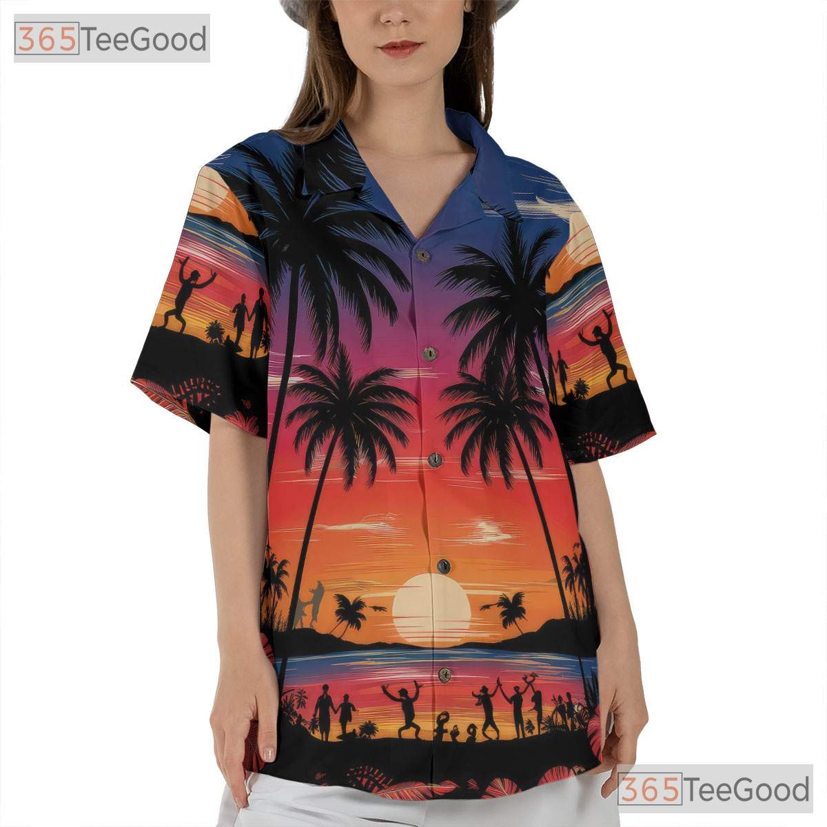 Tropical Palm Sunset Hawaiian Tee - Women's Aloha Beach Summer Luau Shirt