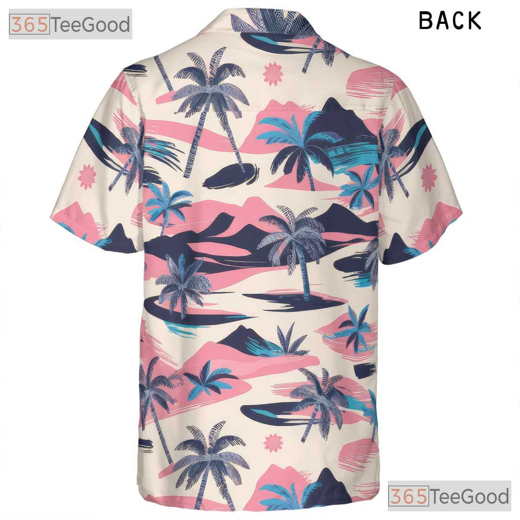 Tropical Palm Tree Beach Aloha Retro Pink Blue Hawaiian Tee Unisex Outfit Top