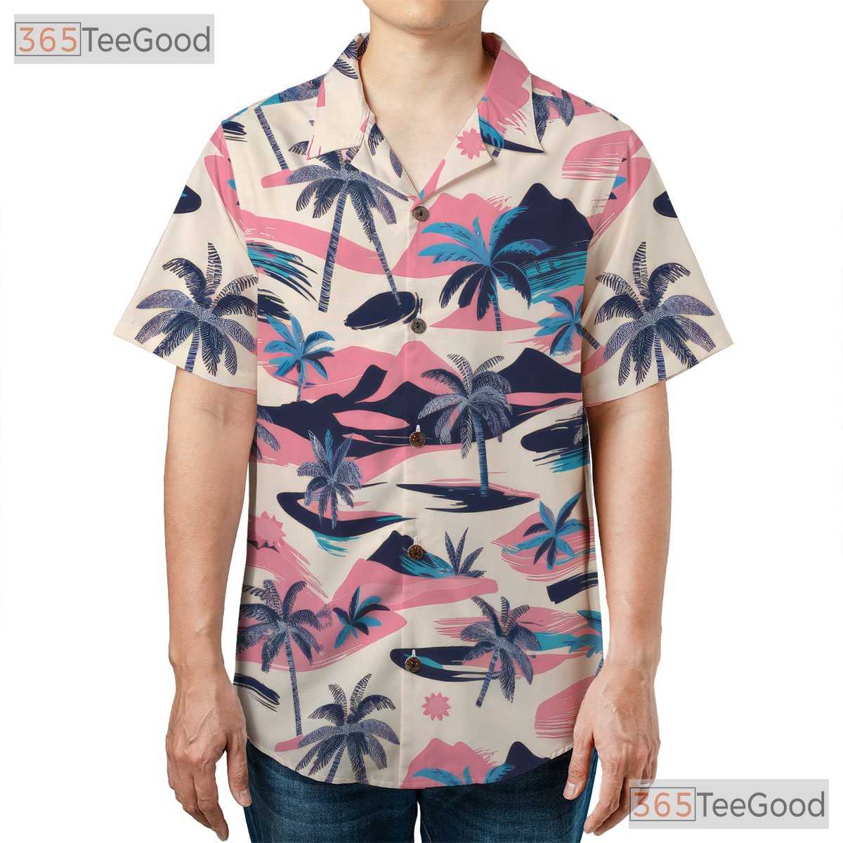 Tropical Palm Tree Beach Aloha Retro Pink Blue Hawaiian Tee Unisex Outfit Top