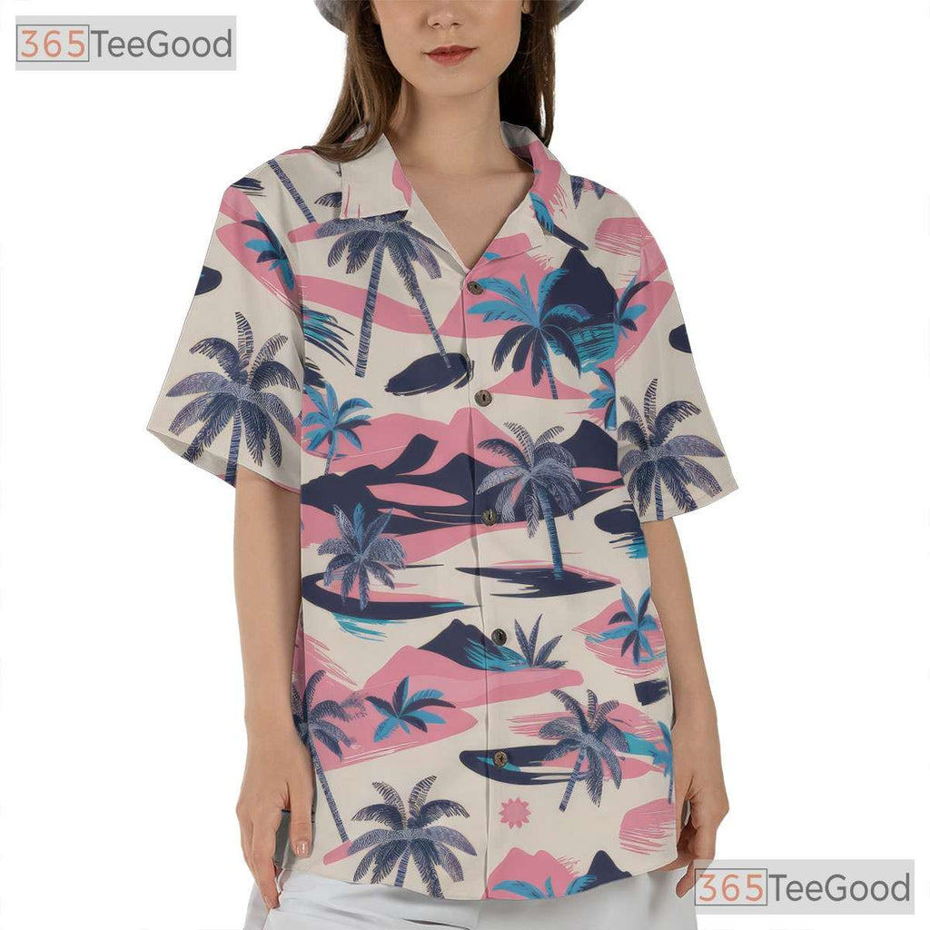 Tropical Palm Tree Beach Aloha Retro Pink Blue Hawaiian Tee Unisex Outfit Top