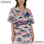 Tropical Palm Tree Beach Aloha Retro Pink Blue Hawaiian Tee Unisex Outfit Top