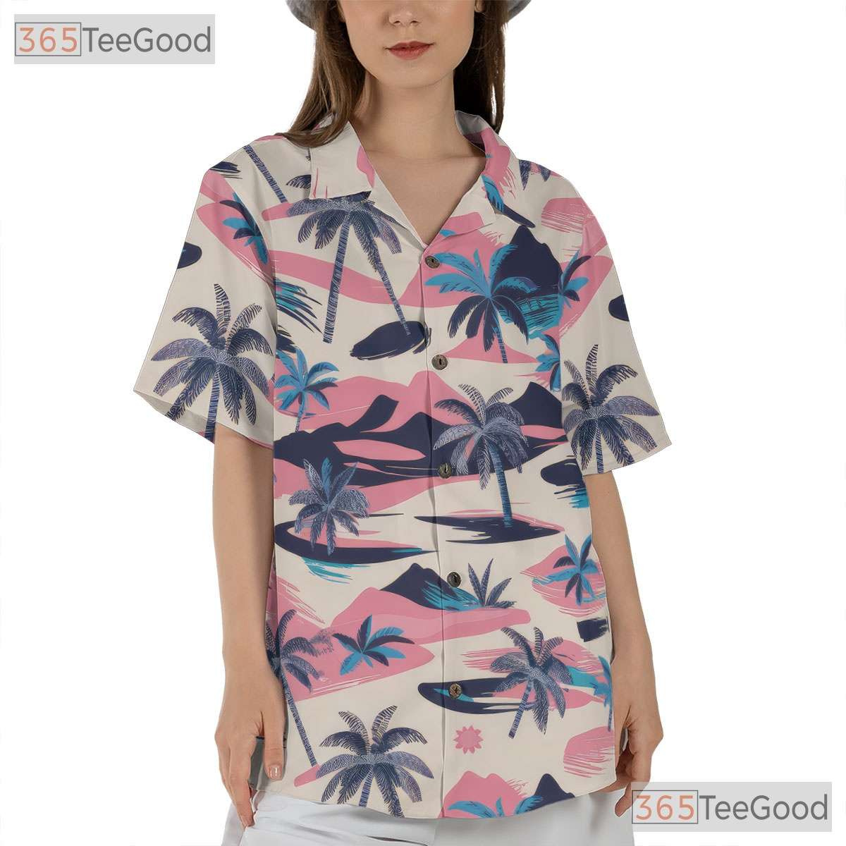 Tropical Palm Tree Beach Aloha Retro Pink Blue Hawaiian Tee Unisex Outfit Top