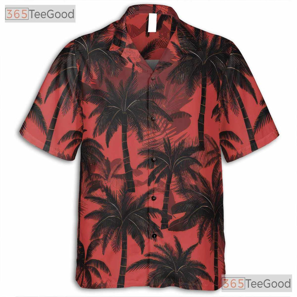 Tropical Palm Tree Print Red Black Summer Hawaiian Tee Unisex Party Outfit
