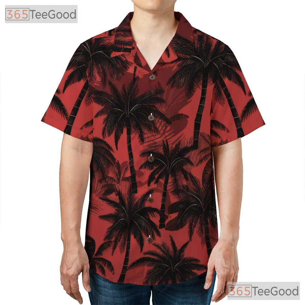 Tropical Palm Tree Print Red Black Summer Hawaiian Tee Unisex Party Outfit