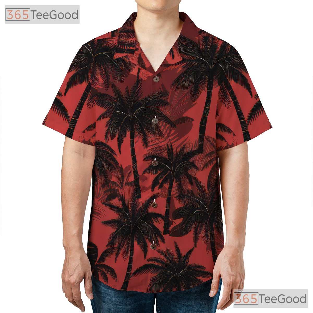 Tropical Palm Tree Print Red Black Summer Hawaiian Tee Unisex Party Outfit