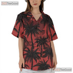 Tropical Palm Tree Print Red Black Summer Hawaiian Tee Unisex Party Outfit