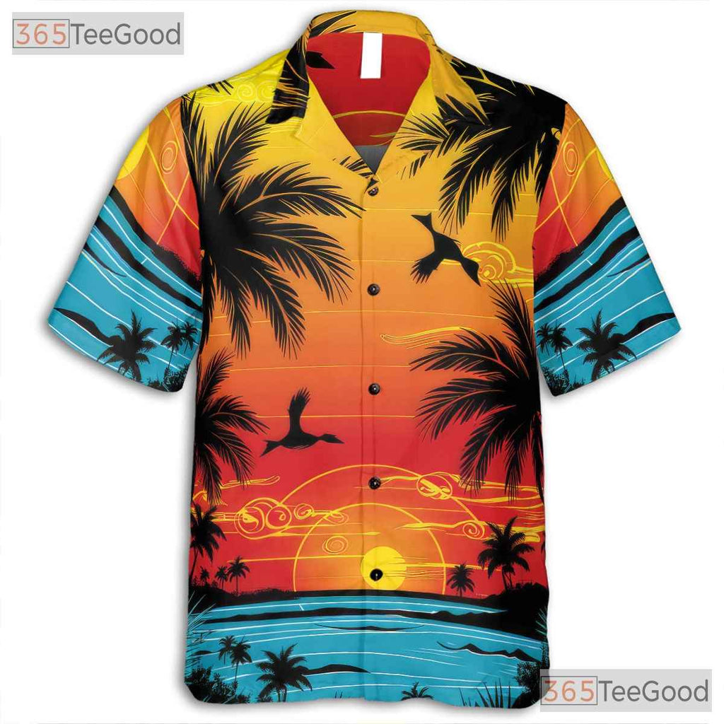 Tropical Palm Tree Sunset Hawaiian Tee - Adult Beach Holiday Aloha Outfit