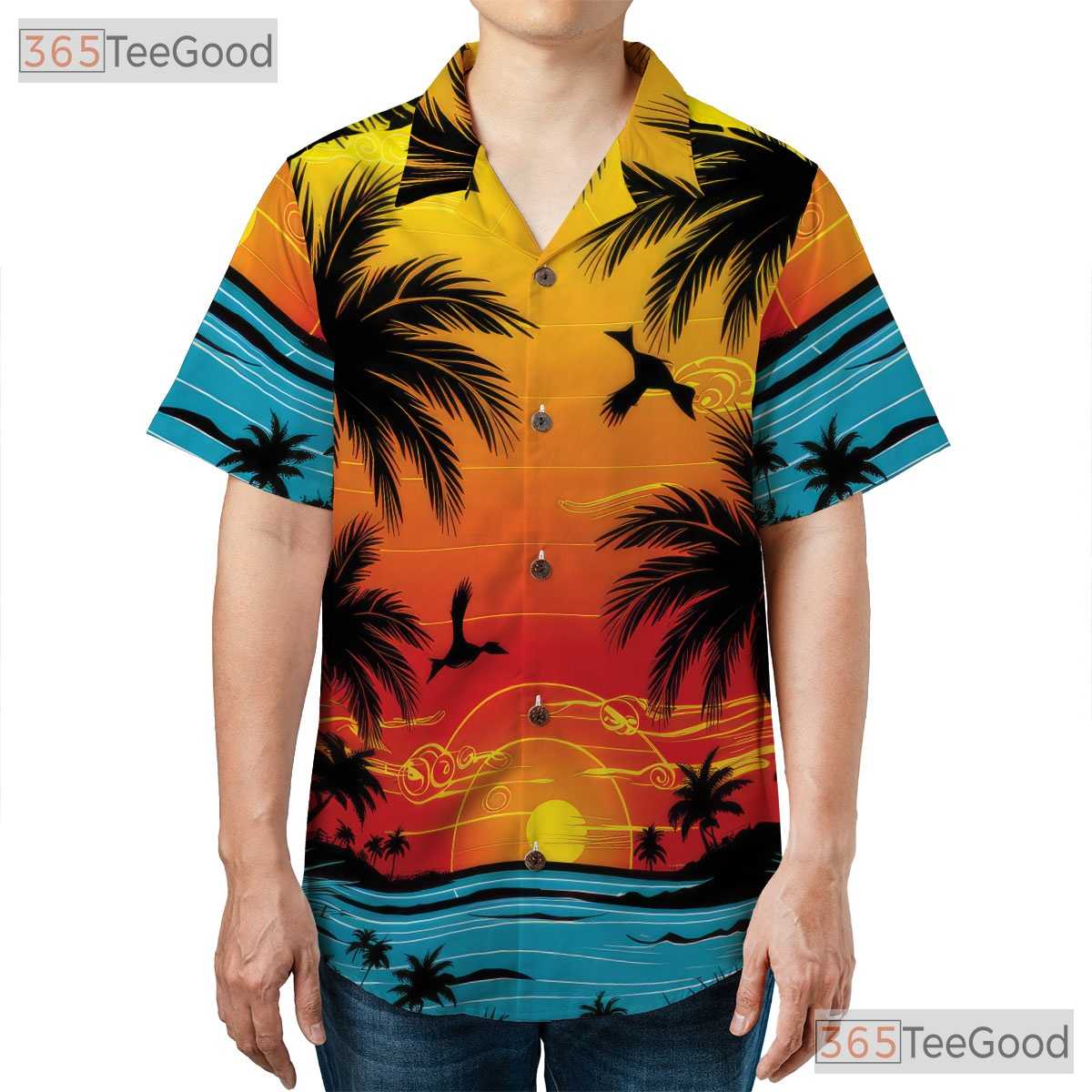 Tropical Palm Tree Sunset Hawaiian Tee - Adult Beach Holiday Aloha Outfit