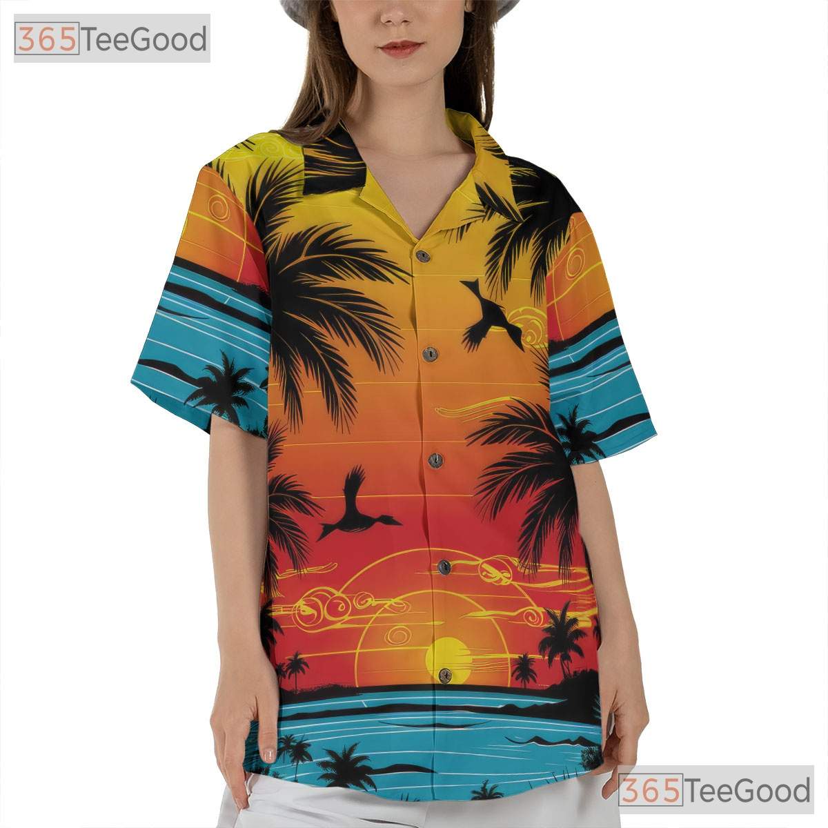 Tropical Palm Tree Sunset Hawaiian Tee - Adult Beach Holiday Aloha Outfit