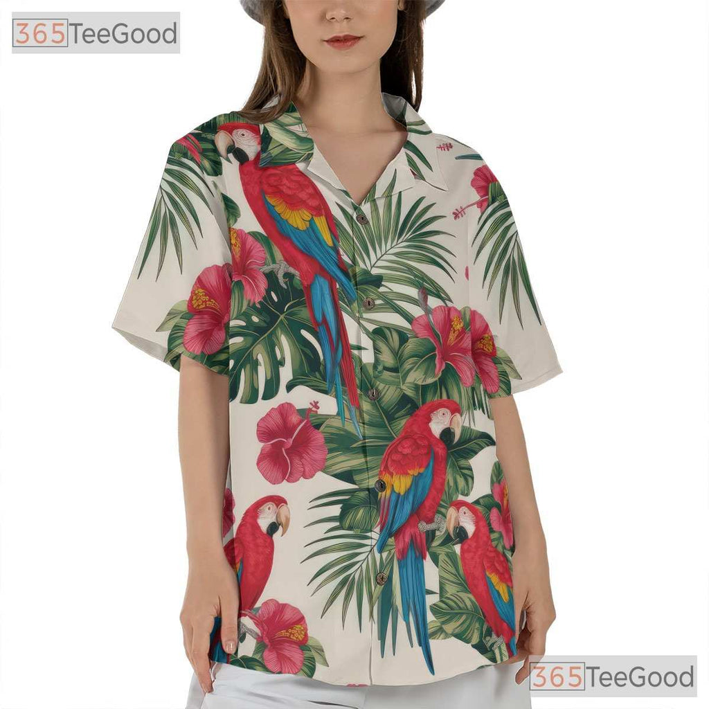 Tropical Parrot Hibiscus Floral Aloha Hawaiian Shirt Men Women Summer Outfit Top