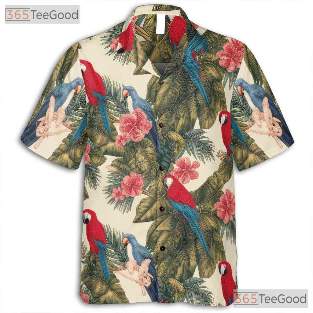 Tropical Parrot Hibiscus Floral Aloha Hawaiian Tee Unisex Summer Vacation Outfit