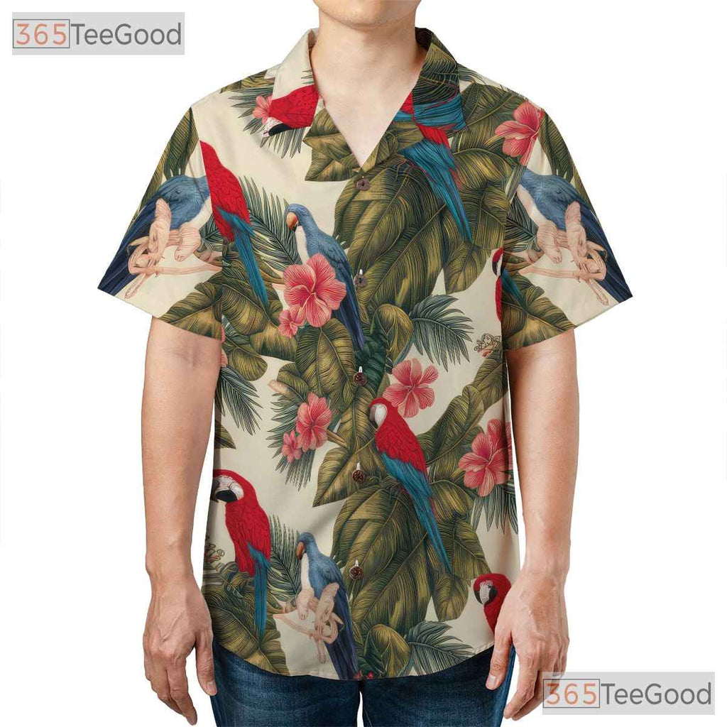 Tropical Parrot Hibiscus Floral Aloha Hawaiian Tee Unisex Summer Vacation Outfit