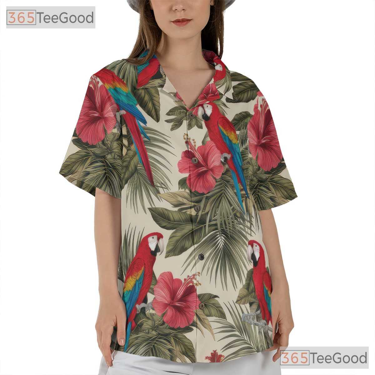 Tropical Parrot Hibiscus Floral Hawaiian Shirt Men Women Summer Vacation Outfit