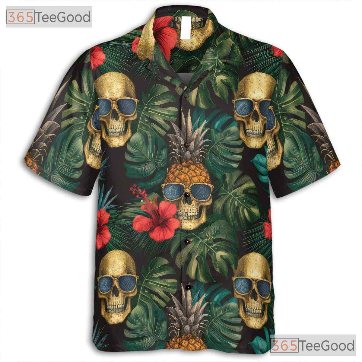 Tropical Pineapple Skull Gothic Retro Floral Aloha Party Hawaiian Tee Unisex