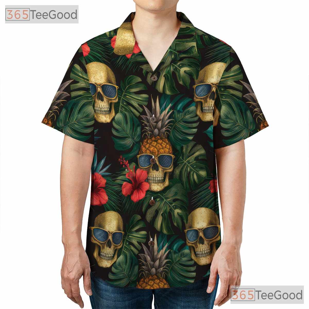 Tropical Pineapple Skull Gothic Retro Floral Aloha Party Hawaiian Tee Unisex