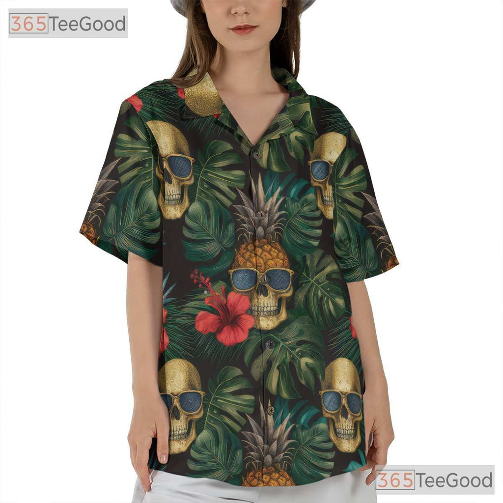 Tropical Pineapple Skull Gothic Retro Floral Aloha Party Hawaiian Tee Unisex