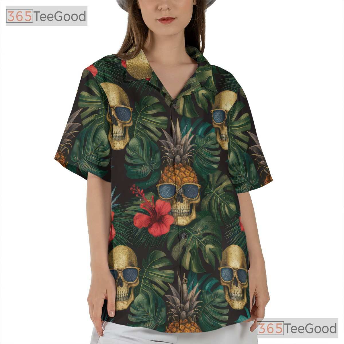 Tropical Pineapple Skull Gothic Retro Floral Aloha Party Hawaiian Tee Unisex