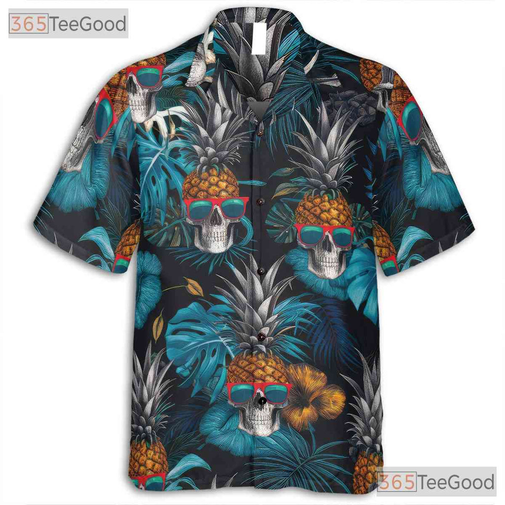 Tropical Pineapple Skull Hawaiian Tee - Adult Blue Gothic Aloha Vacation