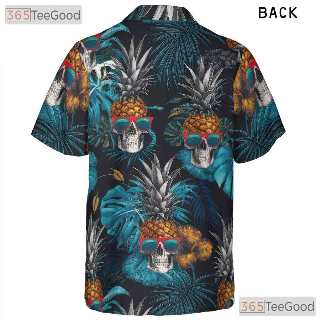Tropical Pineapple Skull Hawaiian Tee - Adult Blue Gothic Aloha Vacation