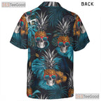Tropical Pineapple Skull Hawaiian Tee - Adult Blue Gothic Aloha Vacation