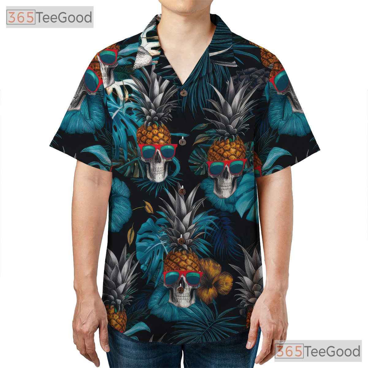 Tropical Pineapple Skull Hawaiian Tee - Adult Blue Gothic Aloha Vacation