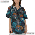 Tropical Pineapple Skull Hawaiian Tee - Adult Blue Gothic Aloha Vacation