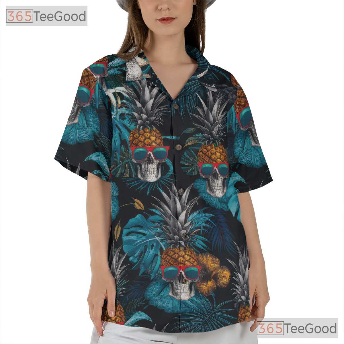 Tropical Pineapple Skull Hawaiian Tee - Adult Blue Gothic Aloha Vacation