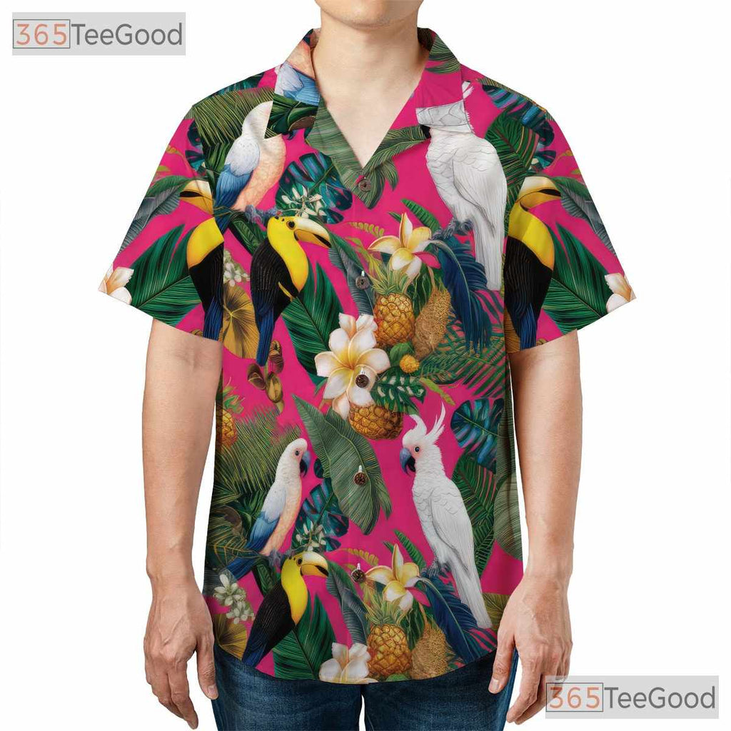 Tropical Pink Birds Pineapples Floral Design Hawaiian Tee Men Women Outfit